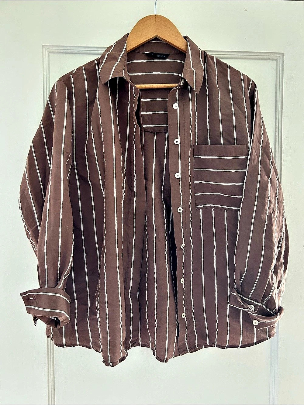 Zara Striped Button Down in Brown & White Size Medium